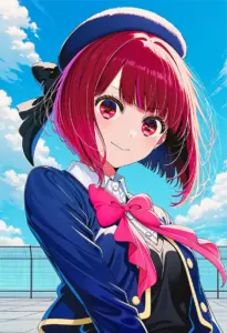 屋上にいる制服姿の有馬かな、バストアップ