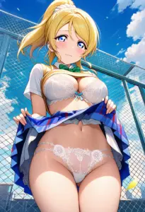 屋上で下着を露出させられる夏服姿の絢瀬絵里