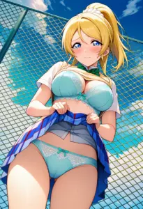 屋上で下着を露出させられる夏服姿の絢瀬絵里