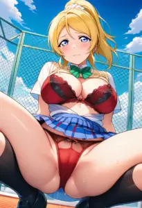 屋上で下着を露出させられる夏服姿の絢瀬絵里