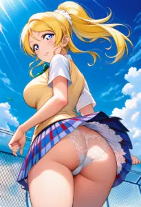 屋上にいる夏服姿の絢瀬絵里の背面パンチラ