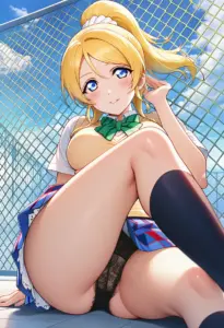 屋上にいる夏服姿の絢瀬絵里の座りパンチラ