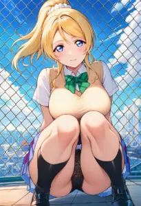 屋上にいる夏服姿の絢瀬絵里の座りパンチラ