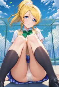 屋上にいる夏服姿の絢瀬絵里の座りパンチラ
