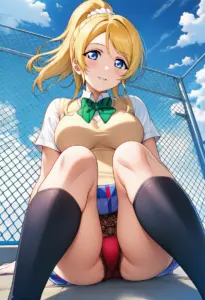 屋上にいる夏服姿の絢瀬絵里の座りパンチラ