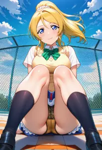 屋上にいる夏服姿の絢瀬絵里の座りパンチラ
