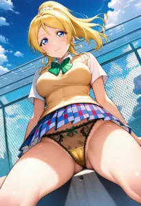 屋上にいる夏服姿の絢瀬絵里の座りパンチラ