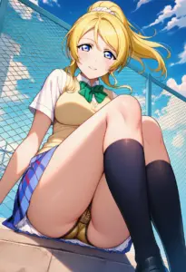 屋上にいる夏服姿の絢瀬絵里の座りパンチラ