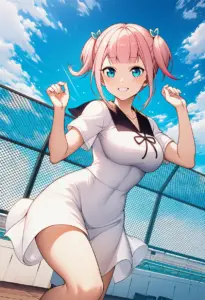 屋上にいる夏服姿の藤原萌葉