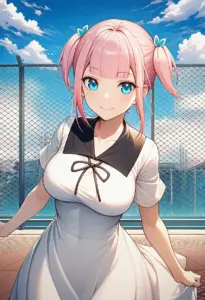 屋上にいる夏服姿の藤原萌葉