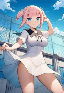 屋上にいる夏服姿の藤原萌葉
