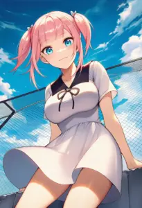 屋上にいる夏服姿の藤原萌葉
