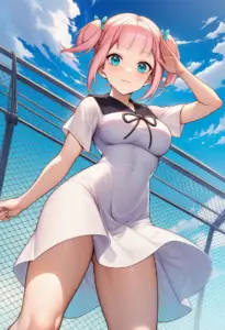 屋上にいる夏服姿の藤原萌葉