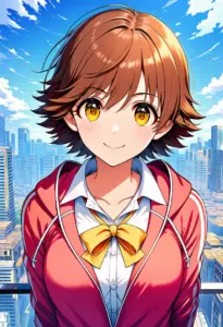 屋上にいる制服姿の本田未央、バストアップ
