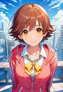 屋上にいる制服姿の本田未央、バストアップ