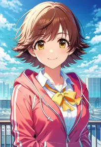屋上にいる制服姿の本田未央、バストアップ