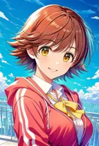 屋上にいる制服姿の本田未央、バストアップ