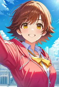 屋上にいる制服姿の本田未央、バストアップ