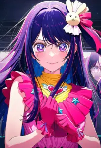 ステージにいるアイドル衣装の星野アイ、涙のバストアップ