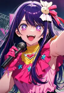 ステージにいるアイドル衣装の星野アイ、涙のバストアップ