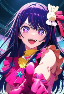 ステージにいるアイドル衣装の星野アイ、涙のバストアップ