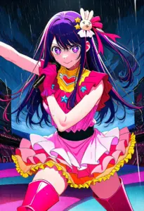 ステージで雨に打たれるアイドル衣装の星野アイ