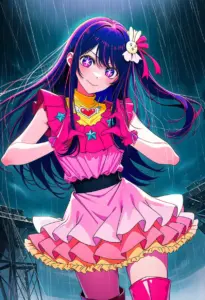 ステージで雨に打たれるアイドル衣装の星野アイ