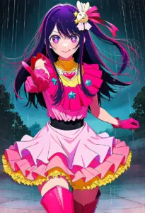 ステージで雨に打たれるアイドル衣装の星野アイ