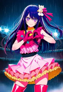 ステージで雨に打たれるアイドル衣装の星野アイ
