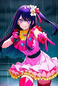 ステージで雨に打たれるアイドル衣装の星野アイ