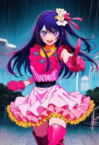 ステージで雨に打たれるアイドル衣装の星野アイ
