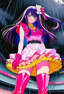 ステージで雨に打たれるアイドル衣装の星野アイ