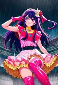 ステージで雨に打たれるアイドル衣装の星野アイ