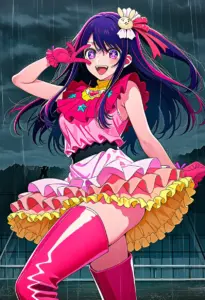 ステージで雨に打たれるアイドル衣装の星野アイ