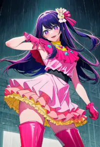 ステージで雨に打たれるアイドル衣装の星野アイ