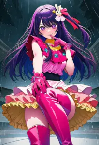 ステージで雨に打たれるアイドル衣装の星野アイ