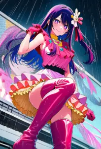 ステージで雨に打たれるアイドル衣装の星野アイ