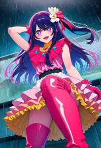 ステージで雨に打たれるアイドル衣装の星野アイ