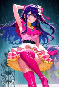 ステージで雨に打たれるアイドル衣装の星野アイ