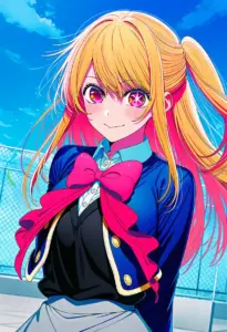 屋上にいる制服姿の星野ルビー、バストアップ