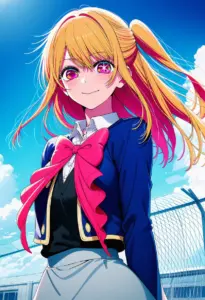 屋上にいる制服姿の星野ルビー、バストアップ