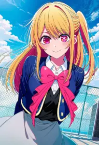 屋上にいる制服姿の星野ルビー、バストアップ