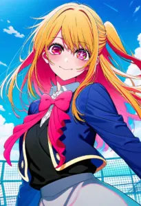 屋上にいる制服姿の星野ルビー、バストアップ