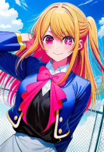 屋上にいる制服姿の星野ルビー、バストアップ