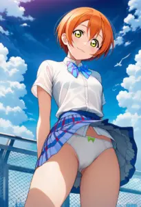 屋上にいる夏服姿の星空凛のパンチラ