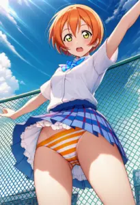 屋上にいる夏服姿の星空凛のパンチラ