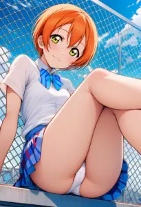 屋上にいる夏服姿の星空凛の座りパンチラ