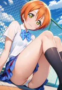 屋上にいる夏服姿の星空凛の座りパンチラ