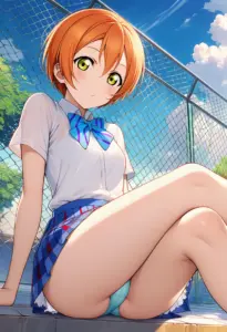 屋上にいる夏服姿の星空凛の座りパンチラ