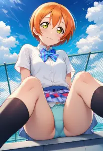 屋上にいる夏服姿の星空凛の座りパンチラ